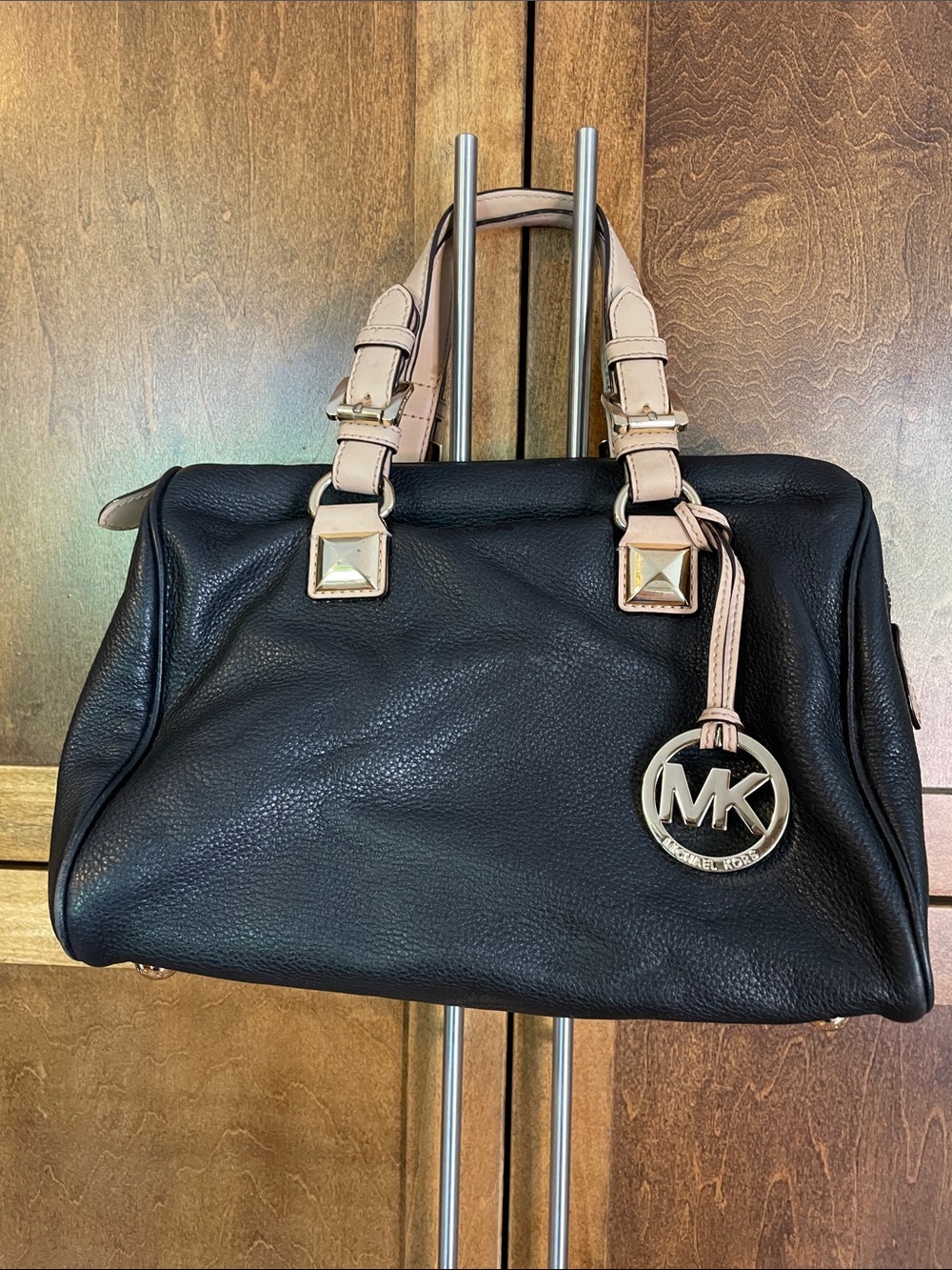 Michael Kors Black Satchel with Tan Handles and Gold MK Charm